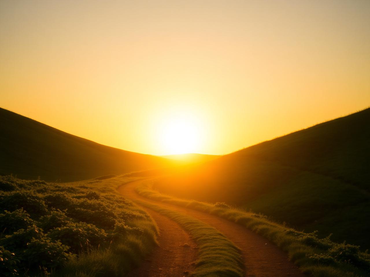 A winding path through green hills leading towards a bright golden sunrise