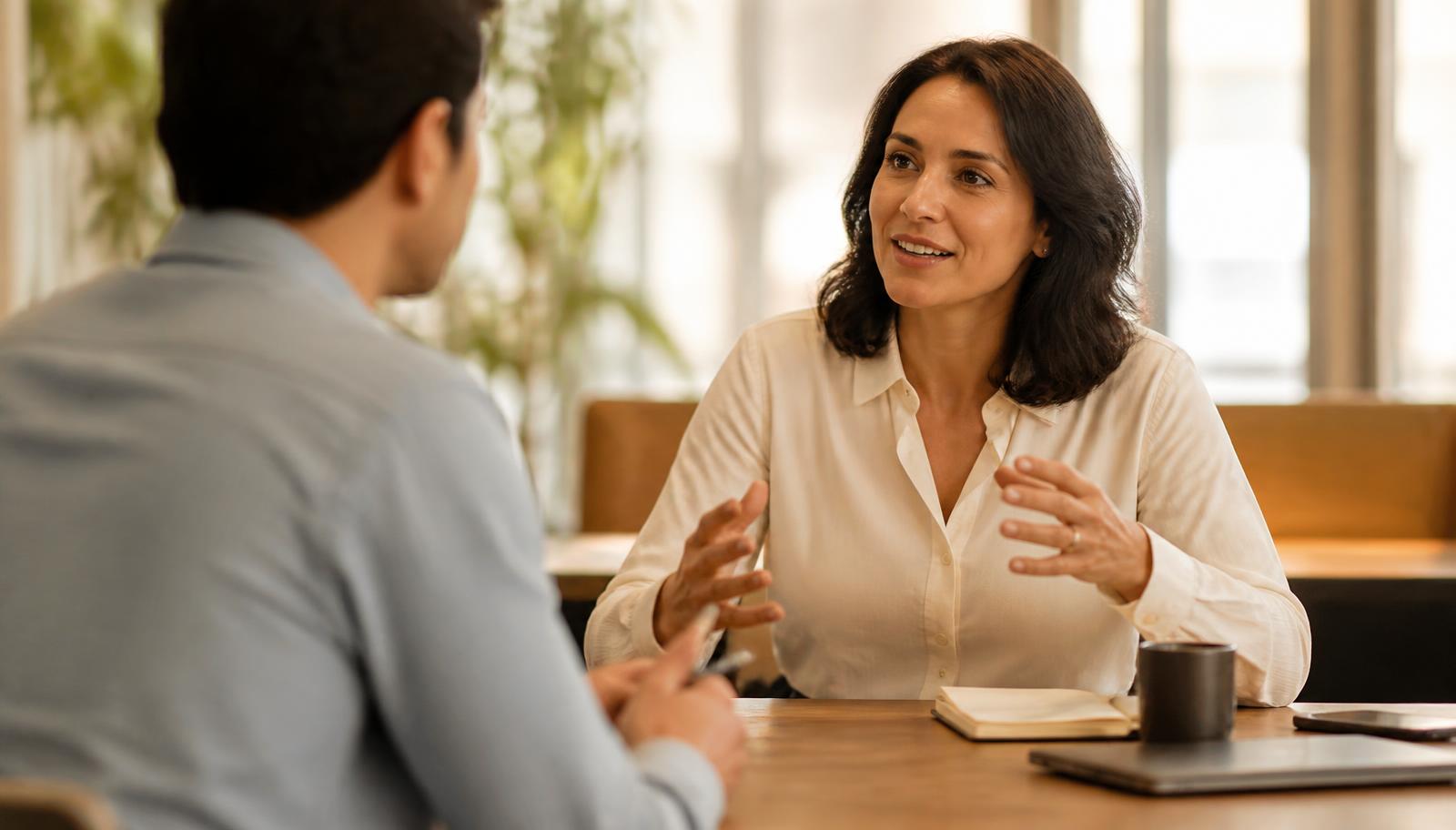 Two people in warm conversation across a table in a bright, welcoming office