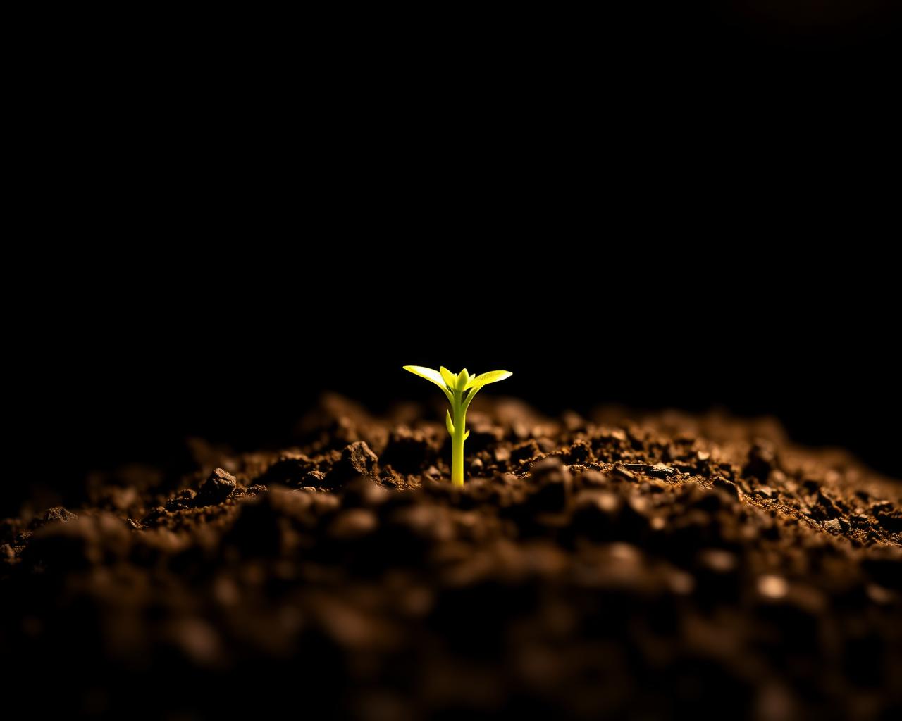 A single green seedling emerging from dark soil into golden light