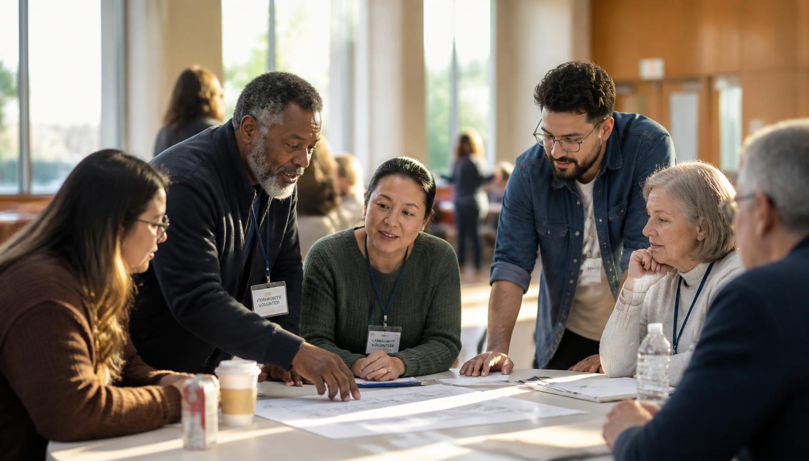Volunteers of different generations sharing ideas around a table