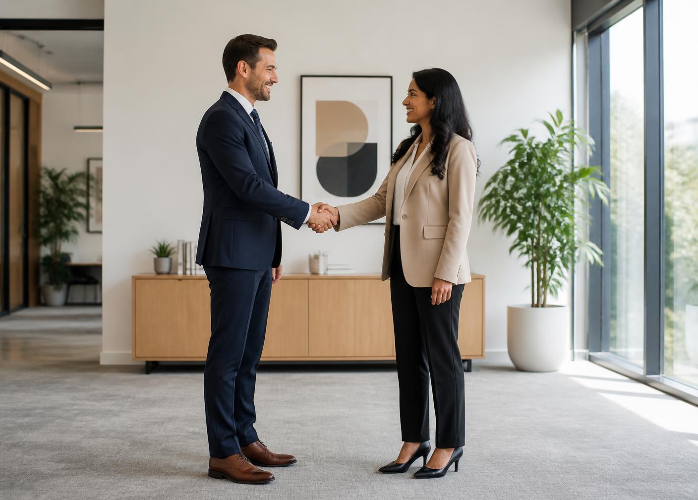 Two professionals shaking hands in a calm modern office