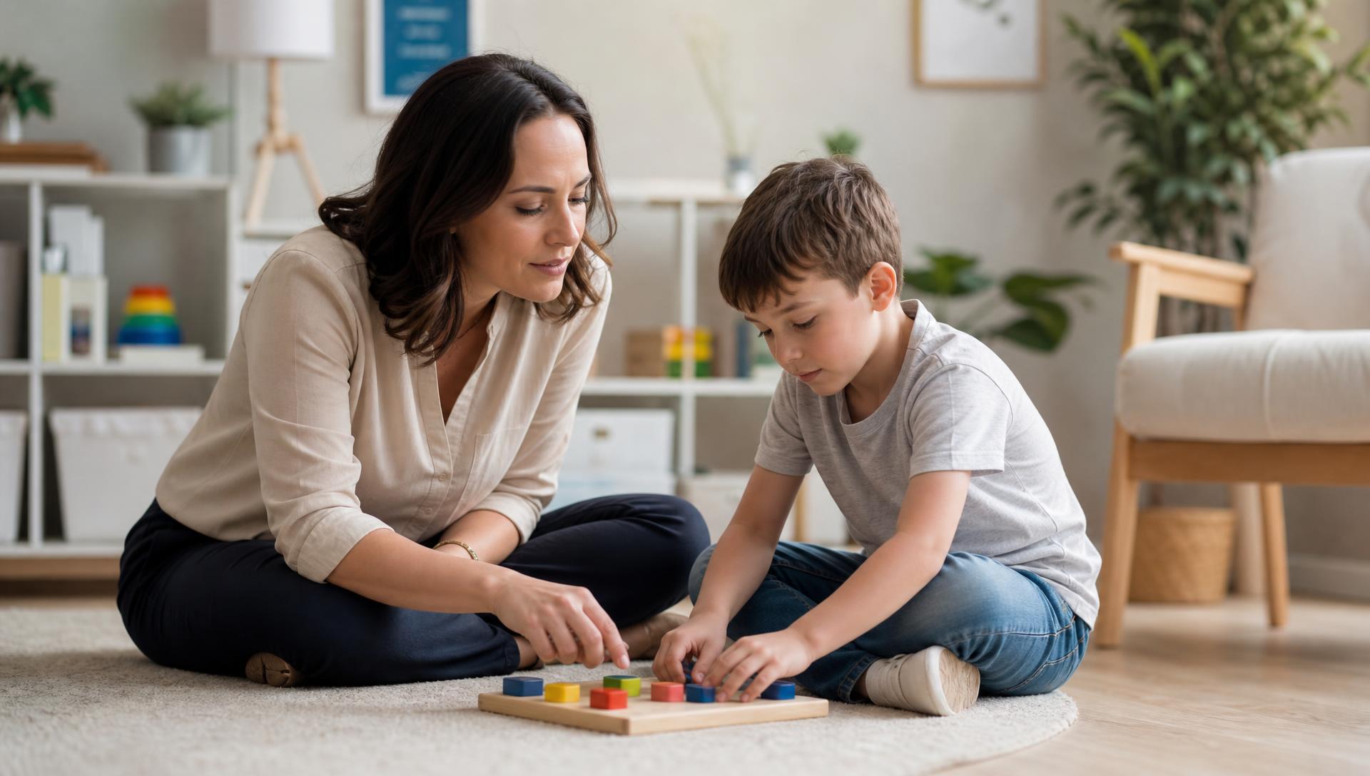 A qualified professional interacting warmly with a child in a calm, supportive therapeutic setting