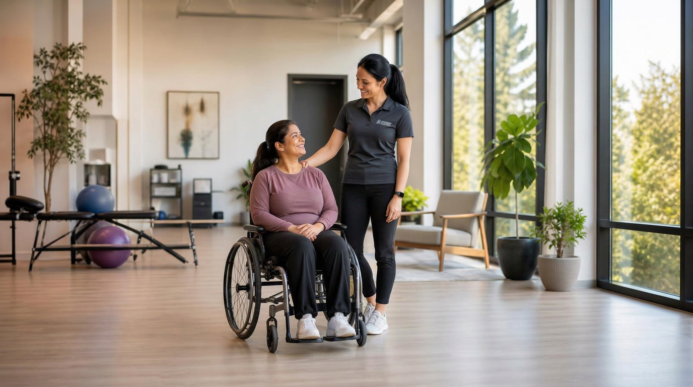 A young rehabilitation professional standing beside a woman using a wheelchair in a bright, modern therapy space, both sharing a warm, hopeful moment